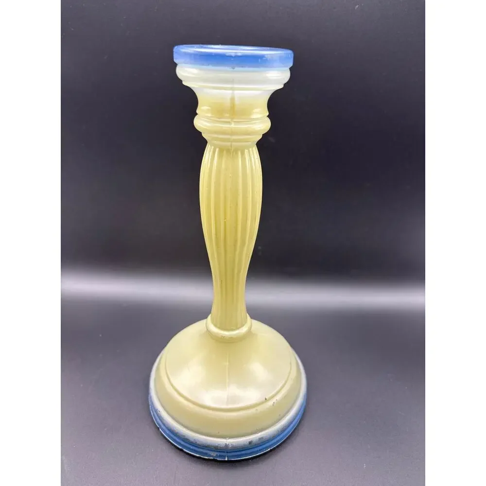 Vintage Indiana Glass Blue and Cream Candleholder Ribbed Depression Era Decor